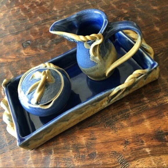Handcrafted  Studio Art Pottery Cream & Sugar With Tray - Picture 11 of 14